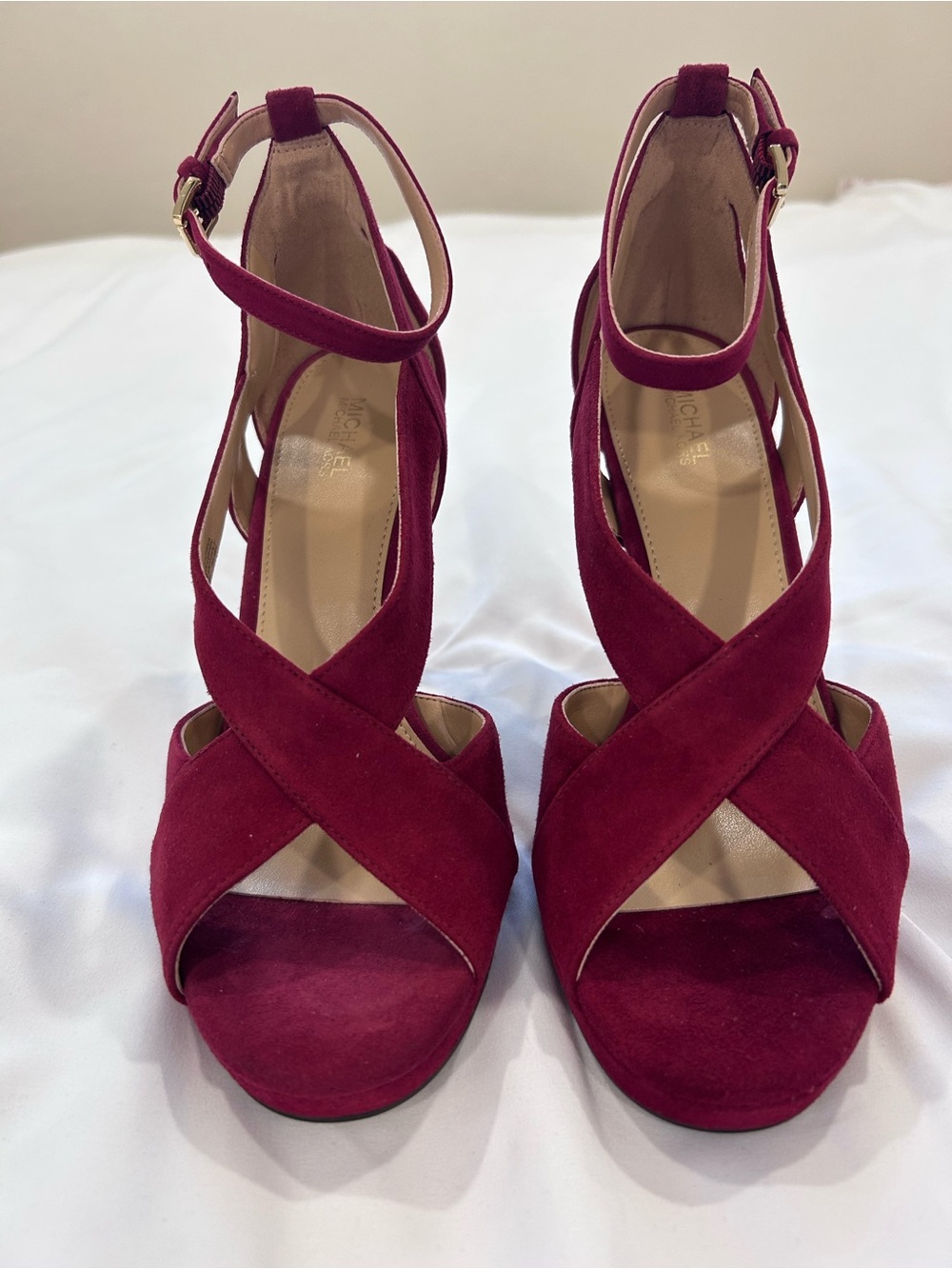 MICHAEL Michael Kors Burgundy Suede Crisscross Ankle-Strap Heels